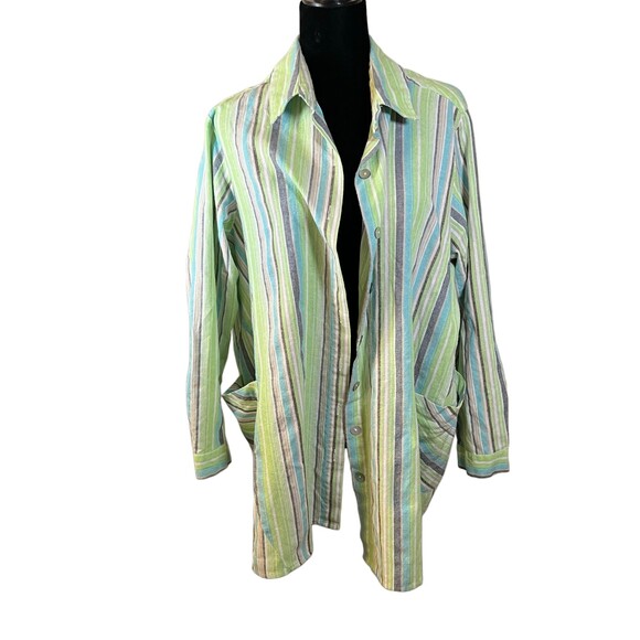 For Cynthia Woman Blue Green Cream Stripe Button Down Shirt Jacket Shacket 1X - Picture 1 of 7